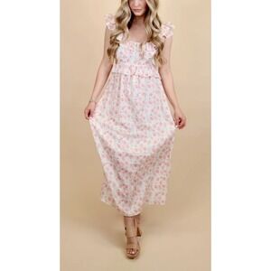 In February Floral Ruffle‎ Dress Peony Pink Sleeveless Midi Tie Back Size M